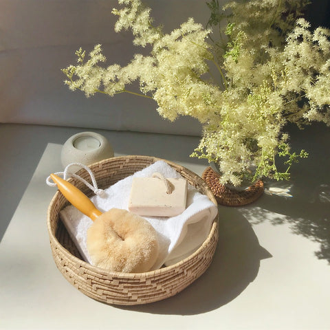 Travel Body Brush made with natural cactus fibres for dry body brushing. Can be used in shower, bath or sauna. Vegan, sustainable, eco-friendly, plastic-free beauty, ELYTRUM